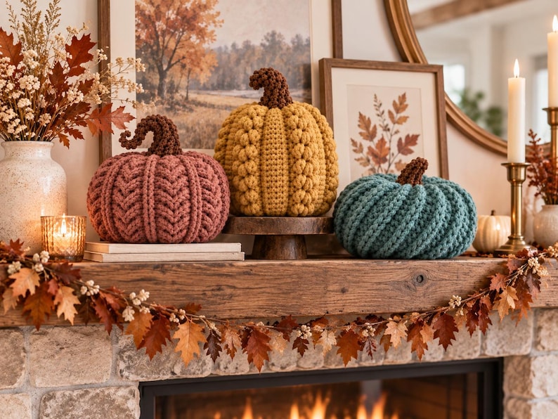 May include: Three handmade crochet pumpkins in muted autumn colors. The left pumpkin is dusty rose with a dark brown stem, the center pumpkin is mustard yellow with a dark brown stem, and the right pumpkin is teal with a dark brown stem.