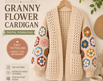 Granny Hexagon Cardigan Crochet Pattern, Beginner Puff Flower Sweater PDF, Balloon Sleeve Oversized XS-3XL