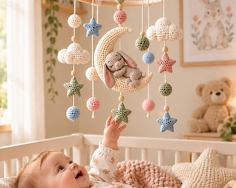 Crochet Bunny Moon Baby Mobile Pattern PDF, Amigurumi Nursery Decor, Easy Beginner Crib Mobile