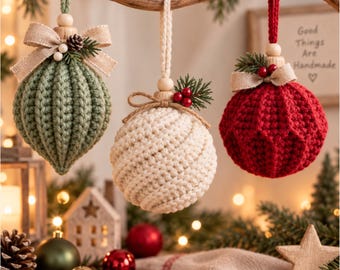 Crochet Christmas Ornament Pattern PDF Beginner Ribbed Ball Teardrop Set Holiday Decor Digital Download