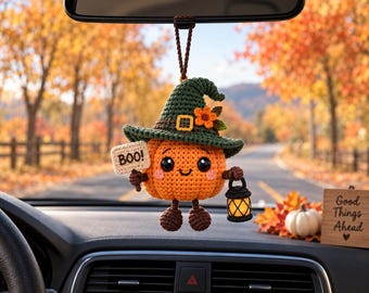 Witch Pumpkin Car Charm Crochet Pattern PDF, Amigurumi Halloween Mirror Hanger, Beginner Easy DIY