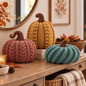 May include: Three handcrafted crochet pumpkins in mustard yellow, muted rose, and teal blue. Each pumpkin features a textured knit pattern and a dark brown crocheted stem. The yellow pumpkin is elevated on a small stack of books.