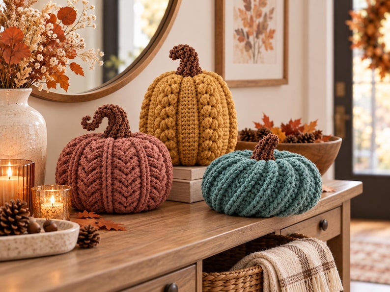 May include: Three handcrafted crochet pumpkins in mustard yellow, muted rose, and teal blue. Each pumpkin features a textured knit pattern and a dark brown crocheted stem. The yellow pumpkin is elevated on a small stack of books.