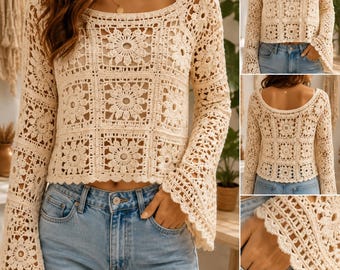 Handmade Crochet Granny Square Top, Long Sleeve Boho Crop Blouse, Cream Cottagecore Festival Top