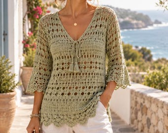 Sage Crochet Tunic Pattern PDF Boho V-Neck Lace Top Diamond Trellis Instant Digital Download