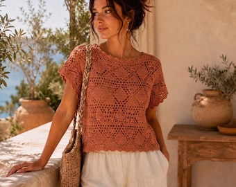 Diamond Mesh Crochet Top Pattern, Beginner Crochet Crop Top PDF Download, Boho Lace Sweater V-Stitch Tutorial, Scalloped Summer Top XS-2XL