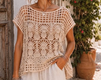 Crochet Summer Top Pattern for Beginners, Pineapple Stitch Lace Blouse, Plus Size XS-3XL PDF