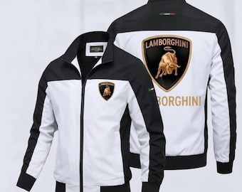 Lamborghini Black White Zip-Up Jacket | Classic Motorsport Racing Style | Bomber Coat