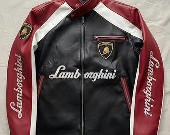 Lamborghini Lederjacke Herren - Schwarz Rot Racing Bikerjacke, Motorsport Streetwear Mantel