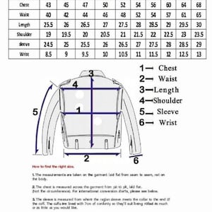 May include: A Gents Size Chart featuring a table with measurements in inches for sizes XS through 6XL. Below the table is a line drawing of a jacket with numbered arrows indicating measurement points for chest, waist, length, shoulder, sleeve, and wrist.
