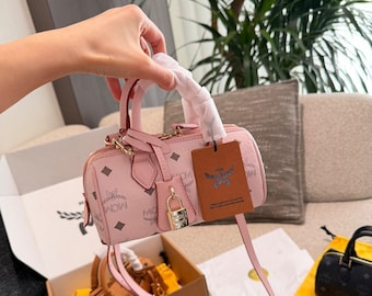 MCM Visetos Mini Boston Bag – Pink Monogram Crossbody Satchel with Top Handle