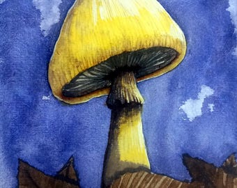 Yellow Mushroom Original Painting, A5 fungi art
