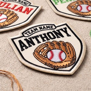 May include: Three shield-shaped embroidered patches featuring a baseball glove holding a baseball. Each patch has the text TEAM NAME above a personalised name in red, green, or black thread. The patches are off-white with black borders.