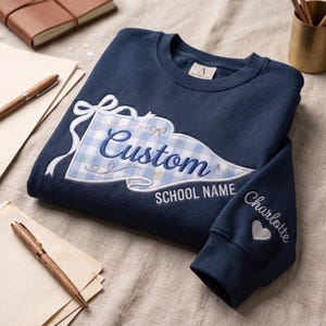 Custom Embroidered School Spirit Gingham Sweatshirt, Custom Mascot Shirt, Gingham Applique Shirt, Back To School Tee, Varsity Letter Shirt