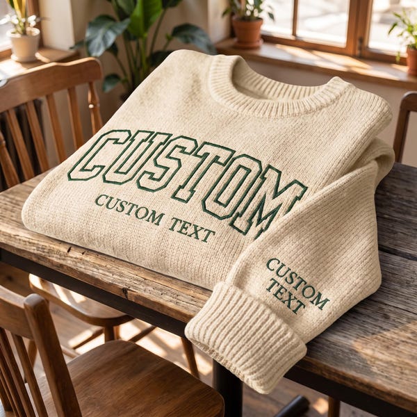 Custom Varsity Text Embroidered Knit Pullover Sweatshirt | Personalized Cozy Fleece Lane Apparel