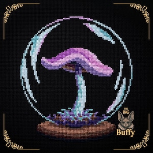 May include: A cross-stitch pattern on black fabric featuring a purple mushroom inside a translucent bubble. The mushroom has a light blue stem and sits on a brown base. The text THE BIG Buffy is printed in the bottom right corner of the image.