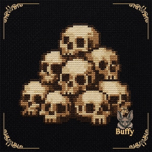 May include: A cross-stitch pattern on black fabric featuring a stacked pile of beige and brown skulls. In the bottom right corner, there is a small illustration of a bat with the text "THE BIG Buffy" printed in a light beige font.
