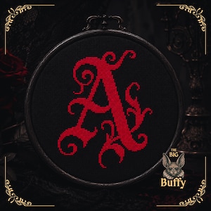 Letter A Monogram | Gothic Cross Stitch Pattern PDF | Dark Fantasy Initial Embroidery Wall Art