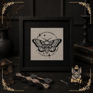May include: A framed cross-stitch embroidery featuring a black moth with a skull pattern on its thorax, centered within a circular frame of small stars. The design is stitched in black thread on a light beige fabric, enclosed in a black frame.