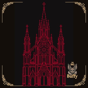 Puede incluir: Un estampado gráfico negro con el contorno pixelado en rojo de una catedral gótica con altas agujas y un rosetón. En la esquina inferior derecha, una ilustración detallada de una cabeza de murciélago aparece sobre el texto dorado THE BIG Buffy.