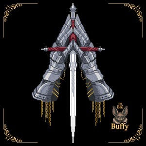 Peut inclure: Une illustration en pixel art représentant une épée argentée centrale tenue par deux gantelets blindés. Le motif comprend des accents rouges, des chaînes dorées pendantes et un petit graphique de chauve-souris avec le texte "THE BIG Buffy".