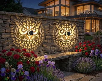 Lampada da parete solare Mandala Owl: proiettore di ombre in ferro per decorare giardino, patio e recinzione.