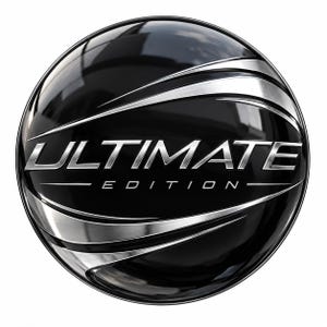 Può includere: Un emblema circolare con finitura nera lucida che presenta il testo metallico argentato ULTIMATE EDITION al centro. Il design include accenti metallici argentati curvi che avvolgono la sfera, creando un aspetto lucido e riflettente con un contrasto elevato.