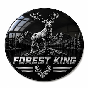 Könnte beinhalten: Ein kreisförmiges schwarzes Wandschild mit einer detaillierten Illustration eines Hirsches, der auf einem felsigen Hügel vor einem Gebirge und Wald steht. Der Text FOREST KING ist in Silber unter dem Hirsch gedruckt, mit einem stilisierten Hirschgeweih-Symbol.