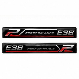 May include: Two rectangular black emblems featuring a metallic silver and red stylized letter P, the word PERFORMANCE in silver lettering, and the alphanumeric text E36. A thin horizontal red line runs across the bottom of each emblem.