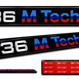 May include: A rectangular black emblem featuring the silver text E36 and the blue, purple, and red text M Technic. The emblem has a glossy finish and a red adhesive backing with 3M VHB branding visible on the reverse side of the product.
