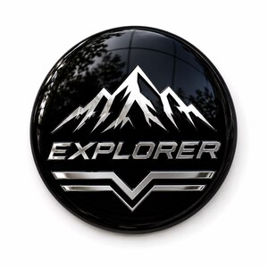 Könnte beinhalten: Ein kreisförmiges schwarzes Emblem mit glänzender Oberfläche, das eine silberne Bergkette über dem Wort EXPLORER in Großbuchstaben zeigt. Unter dem Text befindet sich ein stilisiertes silbernes V-förmiges Chevron-Design mit zwei horizontalen Linien.