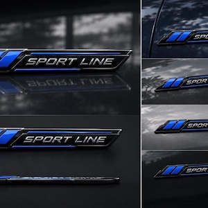 Könnte beinhalten: Ein rechteckiges Autoemblem mit dem Schriftzug SPORT LINE in silbernen Buchstaben auf schwarzem Hintergrund. Das Design umfasst zwei leuchtend blaue parallele Streifen auf der linken Seite und eine dünne blaue horizontale Linie am unteren Rand.