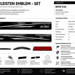 May include: A set of two black chrome trim emblems for a BMW E36, featuring a glossy finish and the E36 logo. The set includes adhesive backing for installation, with technical specifications and mounting instructions displayed on the product sheet.