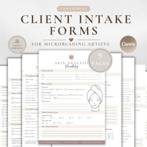 Op de afbeelding: Een set van negen cliëntintakeformulieren voor microblading-artiesten, gepresenteerd als Canva-sjabloon. De documenten bevatten secties voor cliëntgegevens, huidanalyse en behandelingsplanning, inclusief een lijntekening van een gezicht.