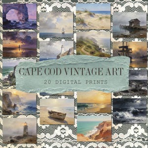 Könnte beinhalten: Eine Sammlung von 20 digitalen Drucken mit Vintage-Kunst aus Cape Cod. Die Bilder zeigen Küstenlandschaften, darunter Seestücke, Leuchttürme und Boote, mit einem Fokus auf sanfte Farben und klassische Kunststile. Die Drucke sind auf einem Spitzengrund angeordnet.