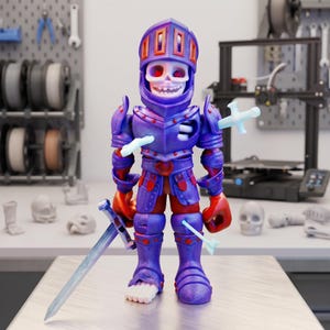 Peut inclure: Une figurine de chevalier squelette imprimée en 3D avec une armure dégradée violette et rouge, un casque à visière et une épée tenue dans la main droite. La figurine est transpercée par trois flèches bleu clair et montre un pied squelettique blanc.