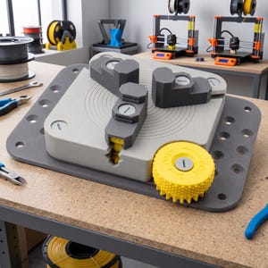 May include: A 3D printed scroll chuck with a light gray square base, three dark gray sliding jaws, and a bright yellow adjustment knob featuring the text OPEN with directional arrows. The mechanism is mounted on a dark gray perforated plate.