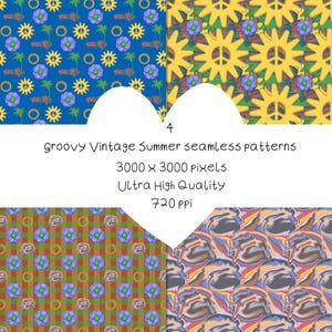 May include: Four seamless digital patterns featuring yellow peace signs, purple flowers, green palm trees, and abstract swirls. Text reads: 4 Groovy Vintage Summer seamless patterns, 3000 x 3000 pixels, Ultra High Quality, 720 ppi. The designs are colorful and repeating.