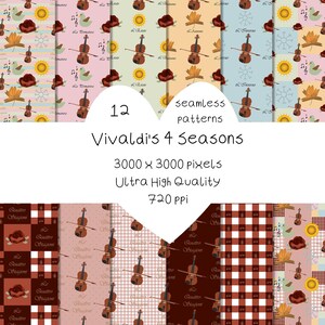 May include: A digital collection of 12 seamless patterns titled Vivaldi's 4 Seasons, featuring repeating motifs of violins, musical notes, suns, snowflakes, autumn leaves, and birds in various color palettes including pink, blue, and brown.