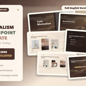 May include: A PowerPoint template with a minimalist design. The cover features the text "LUXE MINIMALISM POWERPOINT TEMPLATE" and "36 SLIDES INCLUDED". The slides have a luxury coffee and champagne color palette and include editable text, charts, and layouts.