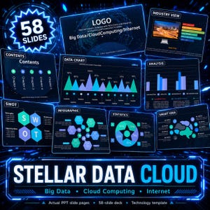 Pode incluir: Um modelo de apresentação digital com um tema azul escuro e preto. O design inclui gráficos, gráficos e infográficos relacionados a big data, computação em nuvem e Internet. A apresentação tem 58 slides.