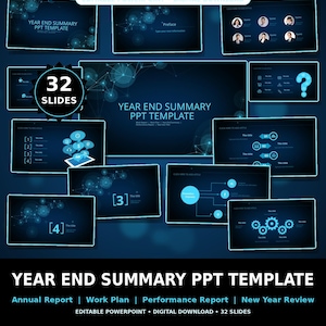 May include: A dark blue PowerPoint template with the title "Year End Summary PPT Template." The design includes 32 slides, with graphics and text. The template is for annual reports, work plans, and performance reviews.