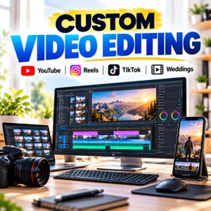 May include: A workspace featuring a large computer monitor displaying video editing software with a mountain landscape, a laptop, a smartphone, a camera, a keyboard, a mouse, and a notebook. Text reads CUSTOM VIDEO EDITING.