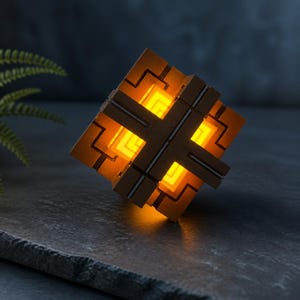 May include: A geometric cube-shaped lamp featuring a dark brown, textured exterior with intricate cut-out patterns. The interior emits a warm, bright orange glow that shines through the openings, creating a contrast between the dark frame and light.