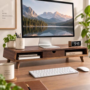 Puede incluir: Un soporte para monitor de madera oscura con un cajón central, un estante de almacenamiento abierto y cuatro patas cortas cónicas. El soporte sostiene un monitor de computadora con un paisaje de montaña y un reloj digital que marca las 9:49.