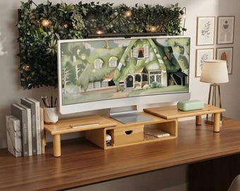 Wooden Dual Monitor Stand Riser, Computer Monitor Stand, Desk Shelf Organizer, Wood Monitor Riser, Home Office Desk Accessories