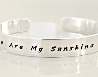 You Are My Sunshine Personalized Sterling Silver Cuff Bracelet - Hand Stamped Secret Message Jewelry - Mommy, Child, Family Cuff - Custom