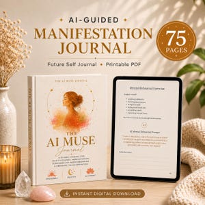 Könnte beinhalten: Ein physisches Buch mit dem Titel The AI Muse Journal mit cremefarbenem Einband, einer weiblichen Silhouette und goldenem Text, neben einem Tablet mit einer Übungsseite. Ein kreisförmiges Abzeichen zeigt 75 Seiten für diesen digitalen Download an.
