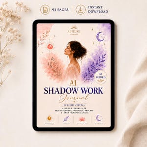 May include: A digital tablet displaying a 94-page AI Shadow Work Journal cover. The design features a profile illustration of a person, watercolor clouds in pink and purple, celestial symbols, and text including AI Muse Journal and AI Guided.