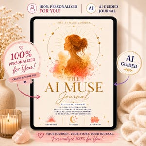 May include: A digital tablet displaying The AI Muse Journal cover, featuring a watercolor illustration of a person in profile, gold text, and the subtitles: A Guided Journal for Self-Discovery, Manifestation, Subconscious Reprogramming & Personal Transformation.